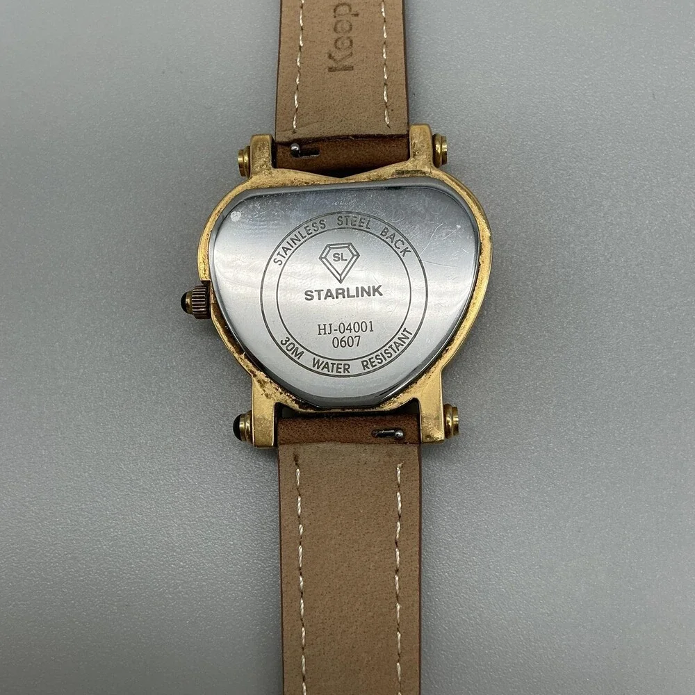 Starlink Womens Watch 38mm Gold Tone Heart Diamond Bezel Leather New Battery